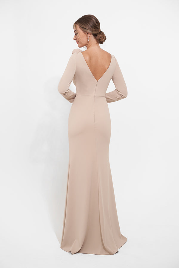 K278006 Elegant Fit and Flare Royal Crepe Gown with 3D Flowers and Long Sleeves