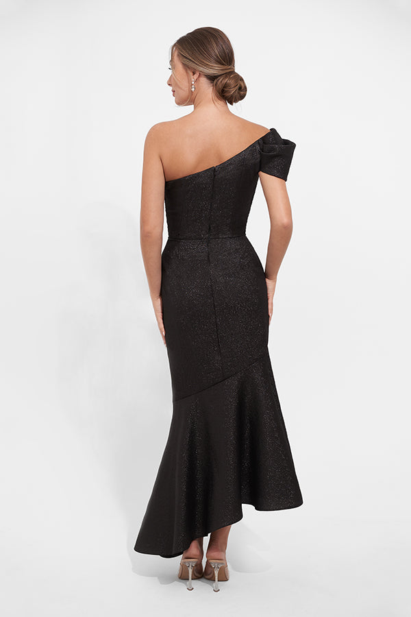 K278007A Fresh One Shoulder Fanny Metallic Jacquard Fit and Flare Gown