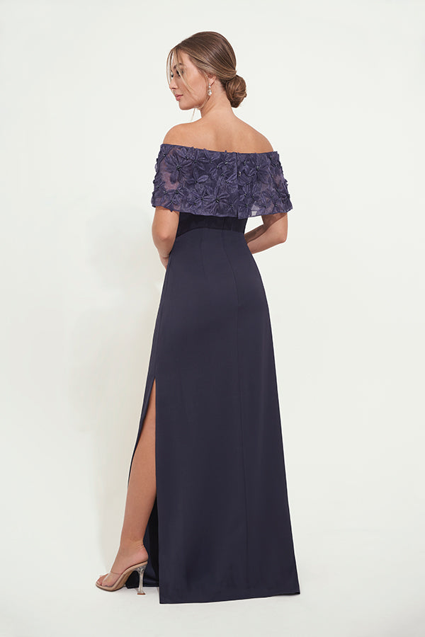 K278008 Exquisite Sheath Royal Crepe and Organza Gown with Portrait Collar and Hand-Sewn Flowers