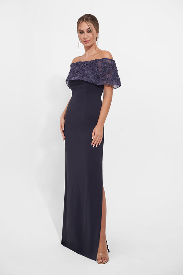 K278008 Exquisite Sheath Royal Crepe and Organza Gown with Portrait Collar and Hand-Sewn Flowers