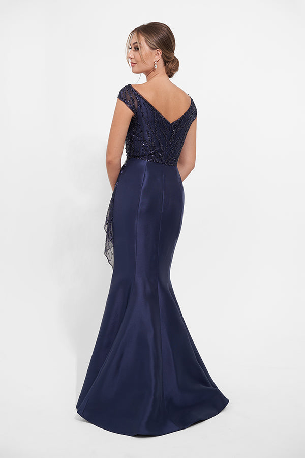 K278010 Unforgetable Lace and Mikado Mermaid Gown with Off-the-Shoulder Portrait Neckline and Ruffled Waistline