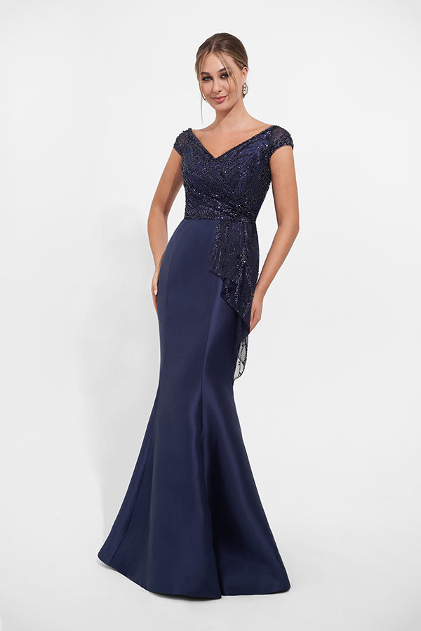 K278010 Unforgetable Lace and Mikado Mermaid Gown with Off-the-Shoulder Portrait Neckline and Ruffled Waistline