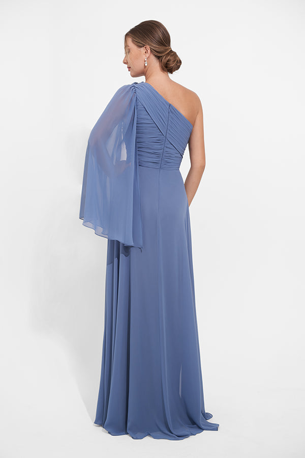 K278012 Dramatic One Shoulder Jade Chiffon A-line Gown with Ruched Details and Shoulder Cape Accented with Beaded Applique