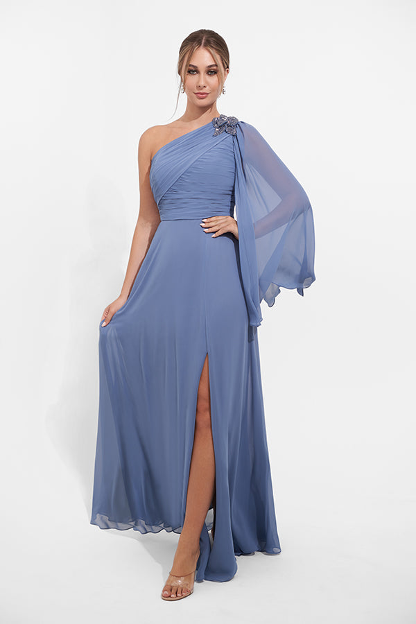 K278012 Dramatic One Shoulder Jade Chiffon A-line Gown with Ruched Details and Shoulder Cape Accented with Beaded Applique