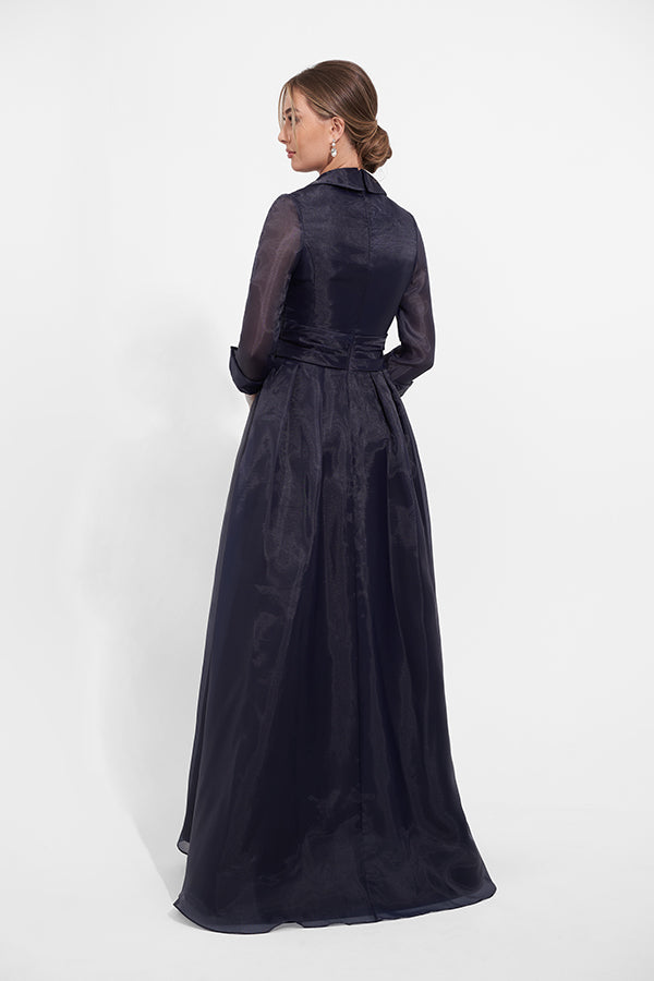 K278014 Stunning Pearl Organza A-line Gown with Shirt Collar Design and Quarter Length Sleeves
