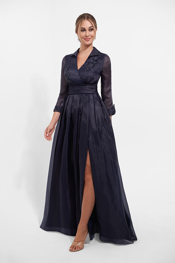 K278014 Stunning Pearl Organza A-line Gown with Shirt Collar Design and Quarter Length Sleeves