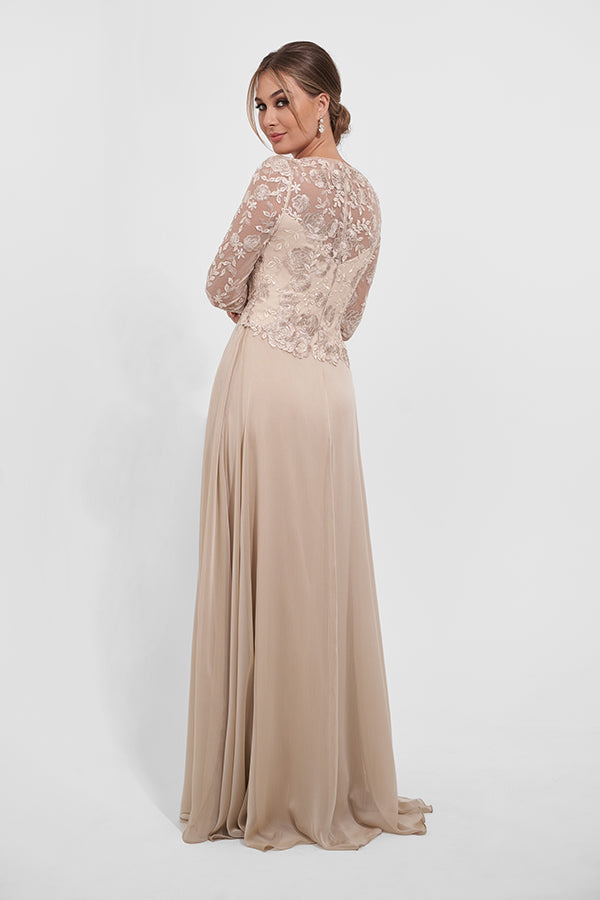 K278015 Romantic Lace and Chiffon A-line Gown with V-Neckline and Fitted Long Sleeves