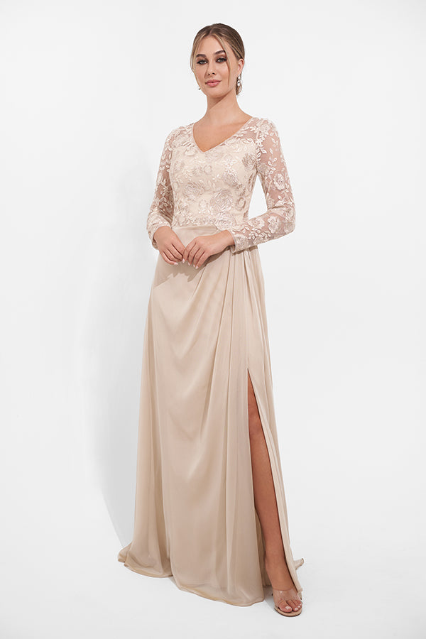 K278015 Romantic Lace and Chiffon A-line Gown with V-Neckline and Fitted Long Sleeves