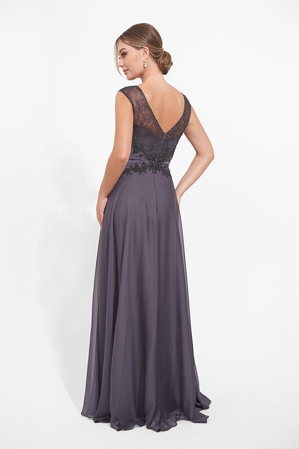 K278017 Sophisticated Chiffon and Lace A-line Gown with Bateau Neckline and Beaded Pleated Waistband