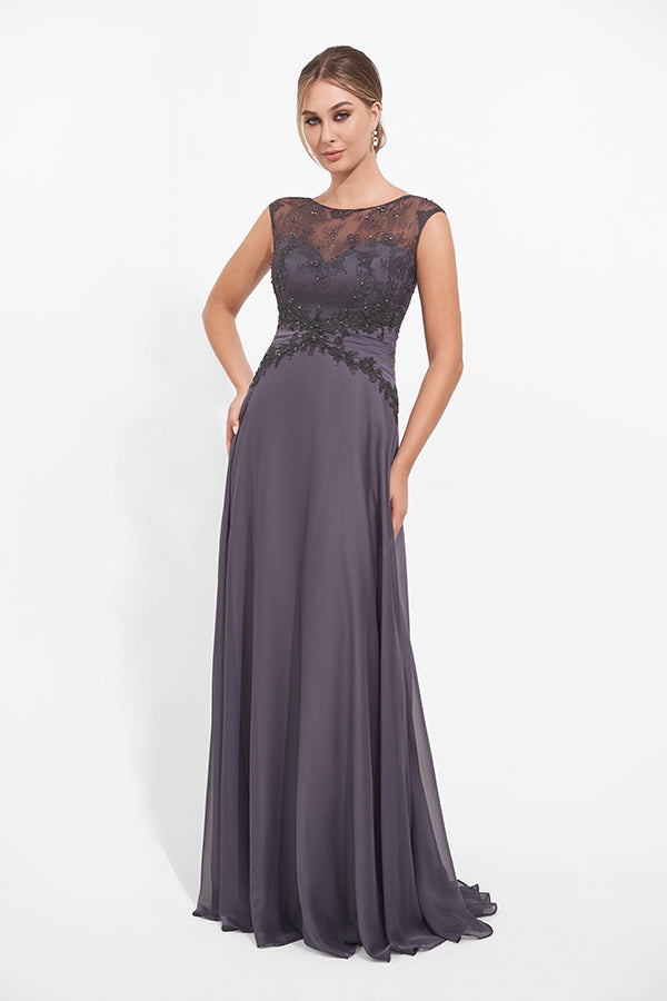 K278017 Sophisticated Chiffon and Lace A-line Gown with Bateau Neckline and Beaded Pleated Waistband