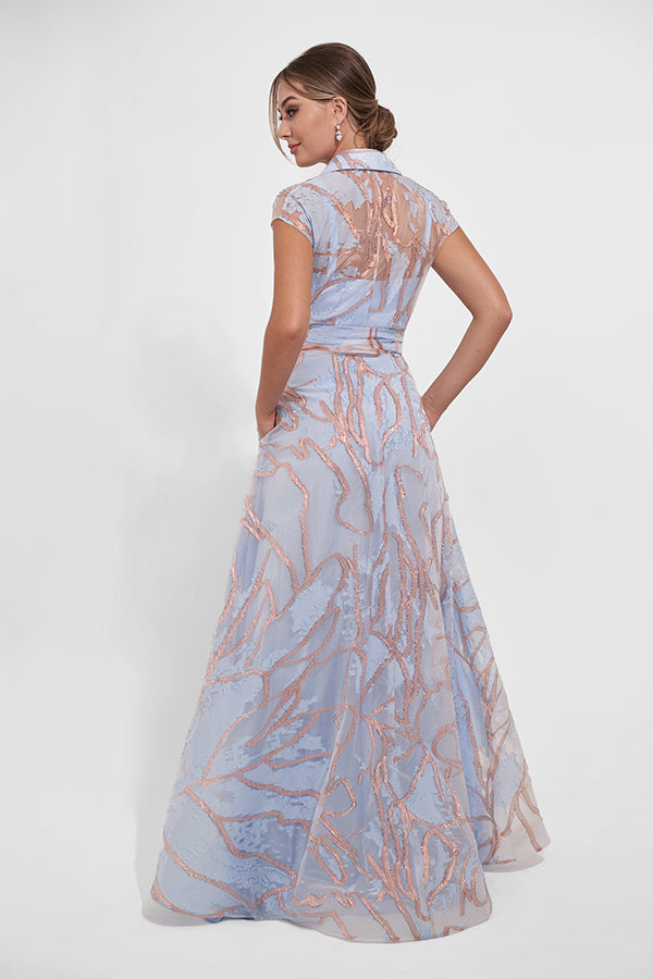 K278018 Chic Freda Organza Jacquard A-line Gown with Shirt Collar Neckline and Cap Sleeves