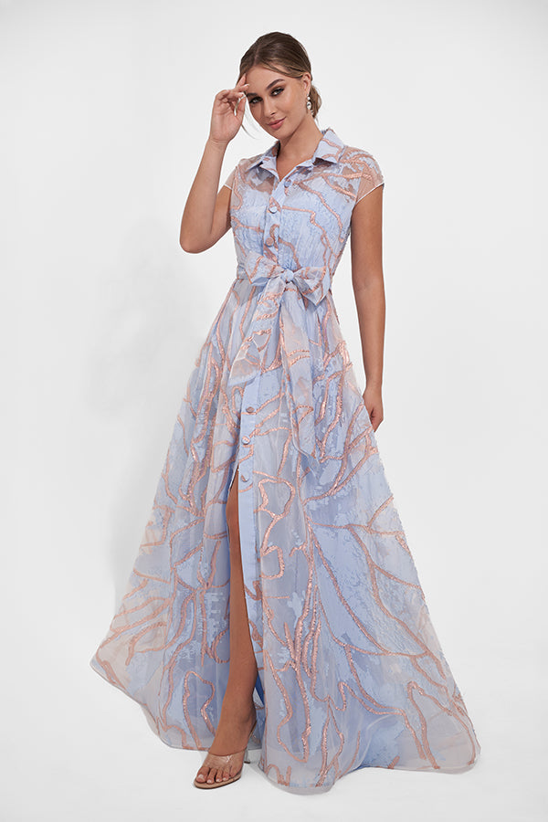 K278018 Chic Freda Organza Jacquard A-line Gown with Shirt Collar Neckline and Cap Sleeves