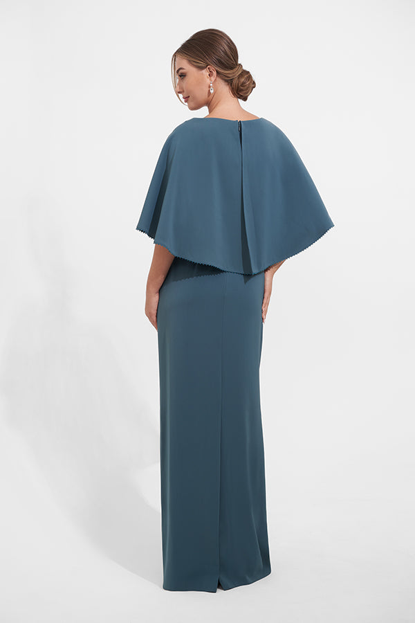 K278021 Elegant Royal Crepe Sheath Gown with Draped Asymmetrical Tunic Cape and Beaded Trim