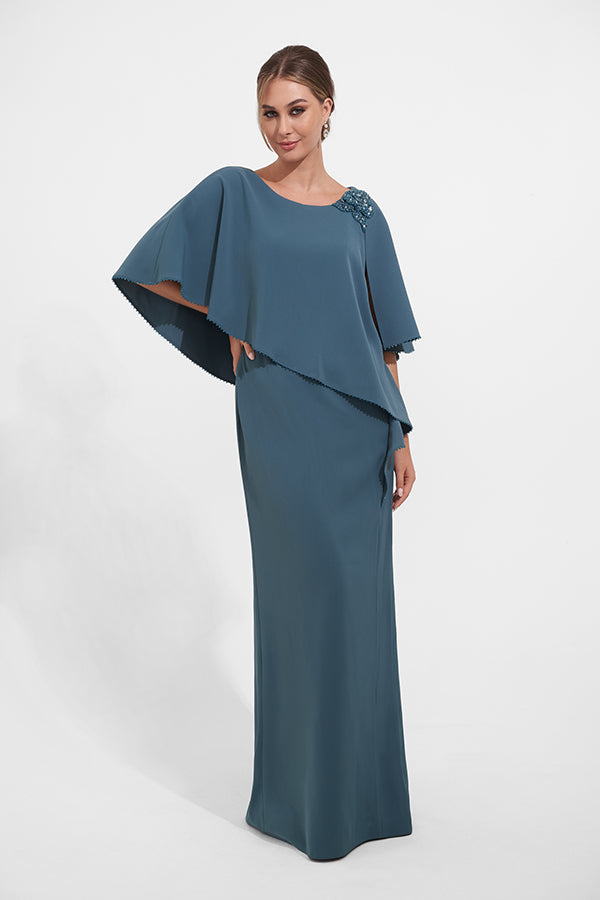K278021 Elegant Royal Crepe Sheath Gown with Draped Asymmetrical Tunic Cape and Beaded Trim