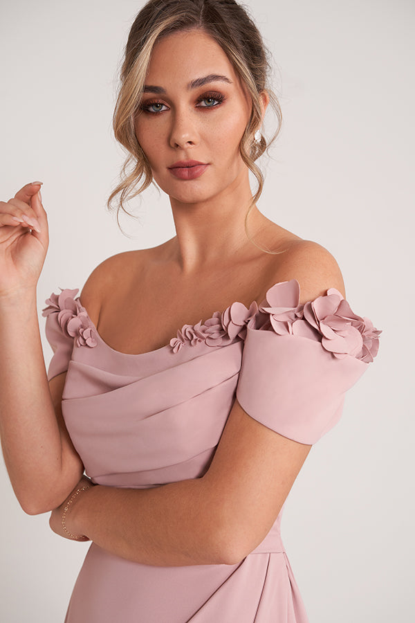 K278051 Timeless Royal Crepe Fit and Flare Gown with Softly Gathered Bodice and 3D Shoulder Flowers