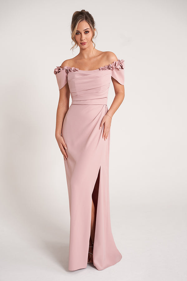 K278051 Timeless Royal Crepe Fit and Flare Gown with Softly Gathered Bodice and 3D Shoulder Flowers