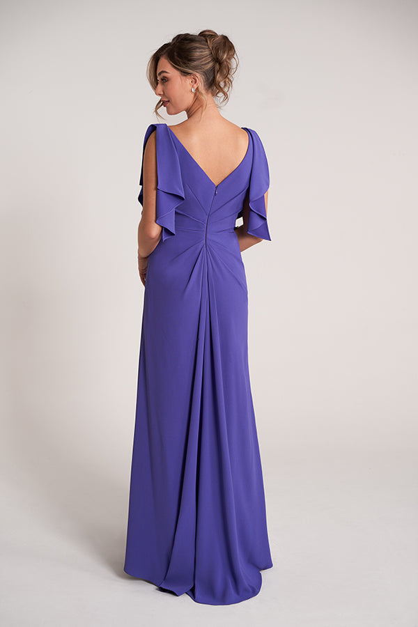 K278052 Elegant Fit and Flare Stretch Crepe Gown with V-Neckline and Soft Flutter Sleeves