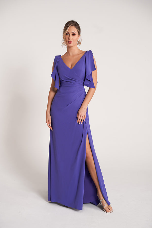 K278052 Elegant Fit and Flare Stretch Crepe Gown with V-Neckline and Soft Flutter Sleeves