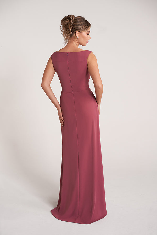 K278053 Sophisticated Royal Crepe Fit and Flare Dress with Cap Sleeves and 3D Waistline Flower