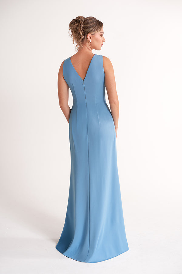 K278054 Flattering Royal Crepe Fit and Flare Gown with Soft Gathered Bodice and Hand Beaded Sash