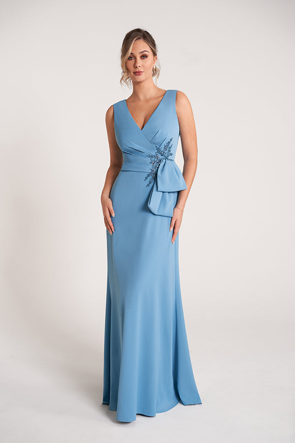 K278054 Flattering Royal Crepe Fit and Flare Gown with Soft Gathered Bodice and Hand Beaded Sash