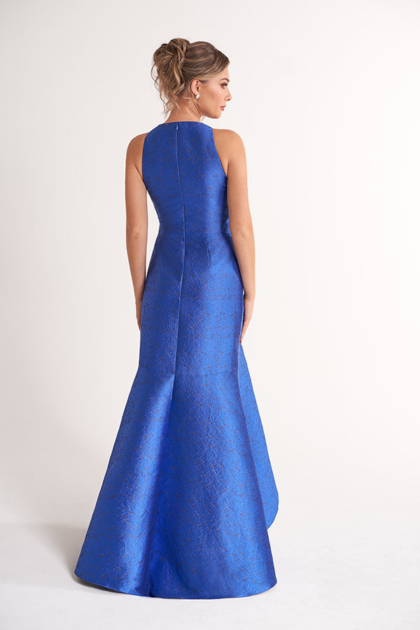 K278055 Dramatic High Low Fit and Flare Georgia Jacquard Dress with Halter Neckline and Ruffled Hemline