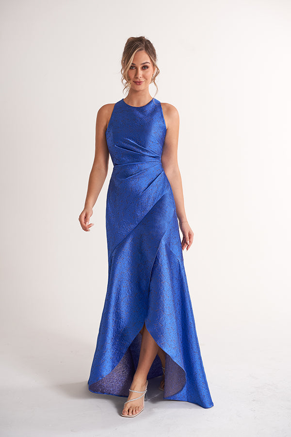K278055 Dramatic High Low Fit and Flare Georgia Jacquard Dress with Halter Neckline and Ruffled Hemline