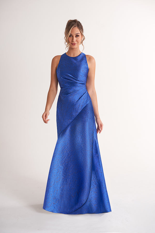 K278055 Dramatic High Low Fit and Flare Georgia Jacquard Dress with Halter Neckline and Ruffled Hemline