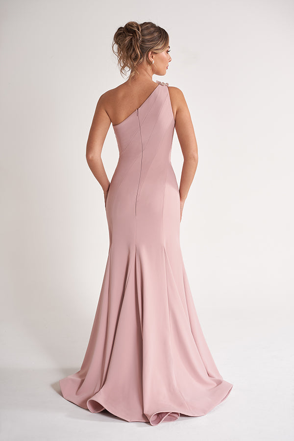 K278056 Exquisite Royal Crepe Mermaid Gown with One Shoulder and Hand Beaded Applique