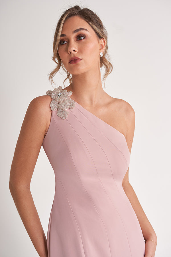 K278056 Exquisite Royal Crepe Mermaid Gown with One Shoulder and Hand Beaded Applique