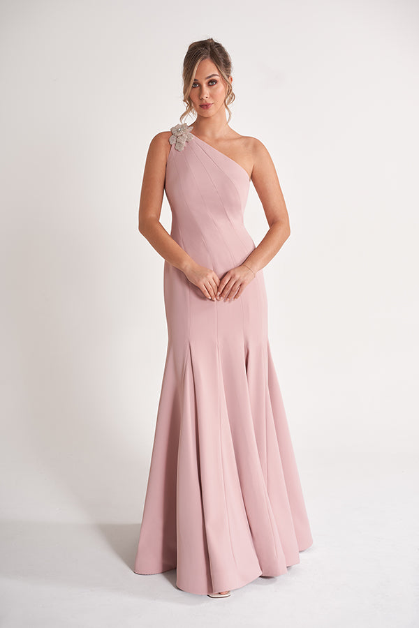 K278056 Exquisite Royal Crepe Mermaid Gown with One Shoulder and Hand Beaded Applique