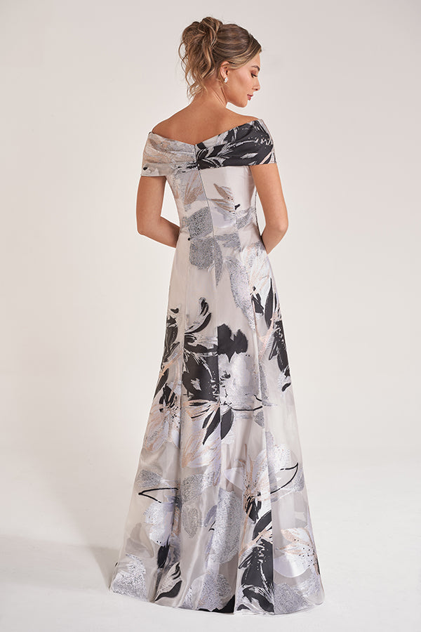 K278060 Exquisite Giselle Organza Jacquard A-Line Dress with Portrait Neckline and Twisted Bodice