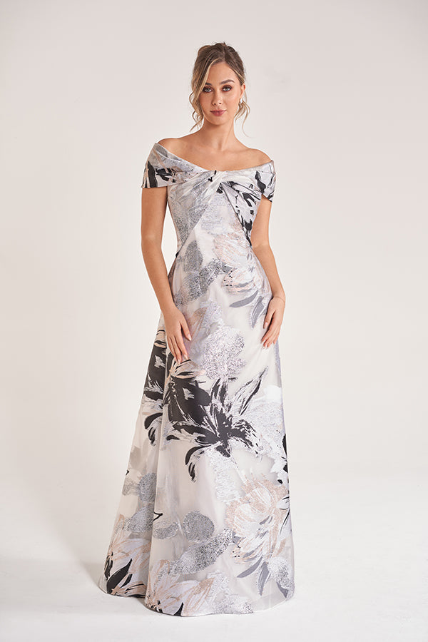 K278060 Exquisite Giselle Organza Jacquard A-Line Dress with Portrait Neckline and Twisted Bodice