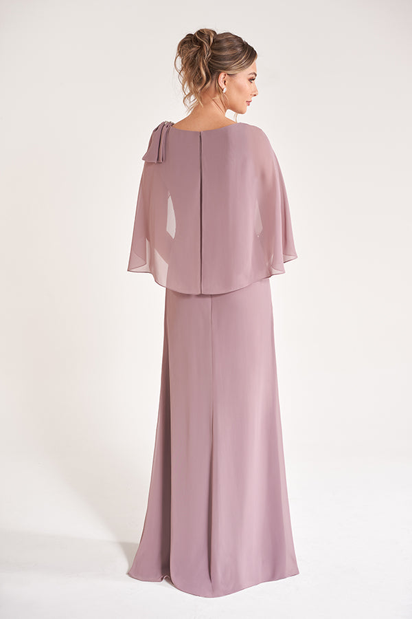 K278061 Airy Jade Chiffon Fit and Flare Dress with Boat Neckline and Draped Cape