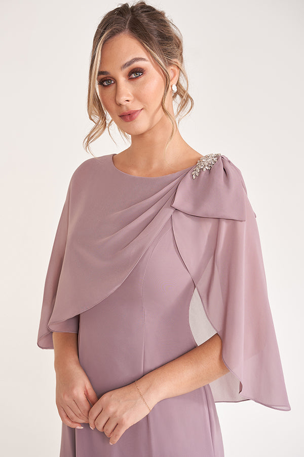 K278061 Airy Jade Chiffon Fit and Flare Dress with Boat Neckline and Draped Cape