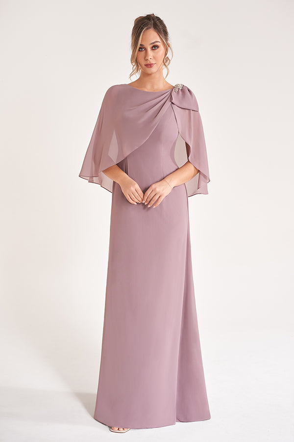 K278061 Airy Jade Chiffon Fit and Flare Dress with Boat Neckline and Draped Cape