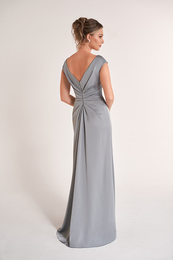 K278063 Graceful Crepe Back Charmeuse Fit and Flare Gown with Cap sleeves and Side Ruffles