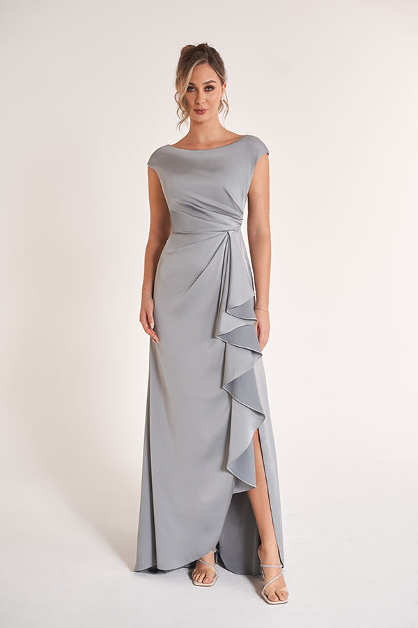 K278063 Graceful Crepe Back Charmeuse Fit and Flare Gown with Cap sleeves and Side Ruffles
