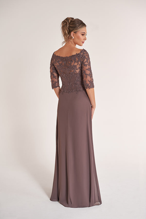 K278064 Elegant Lace and Chiffon A-Line Gown with Portrait Neckline and Three-Quarter Sleeves