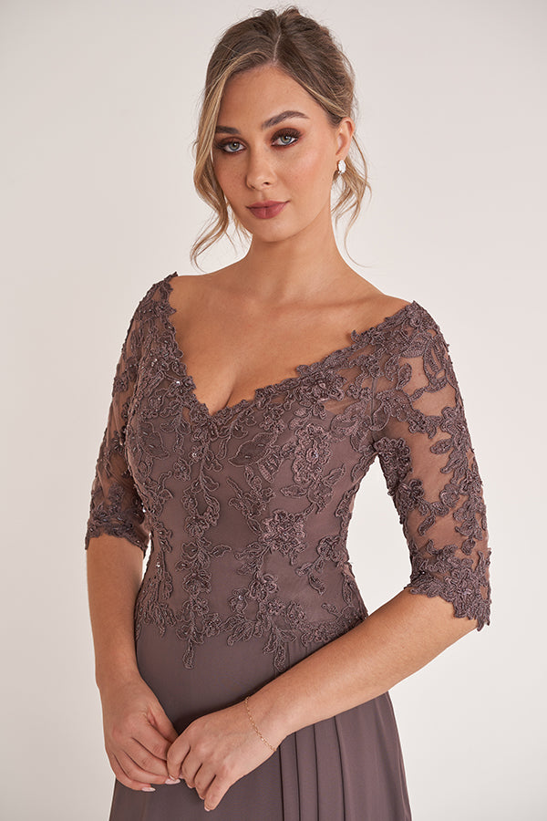 K278064 Elegant Lace and Chiffon A-Line Gown with Portrait Neckline and Three-Quarter Sleeves
