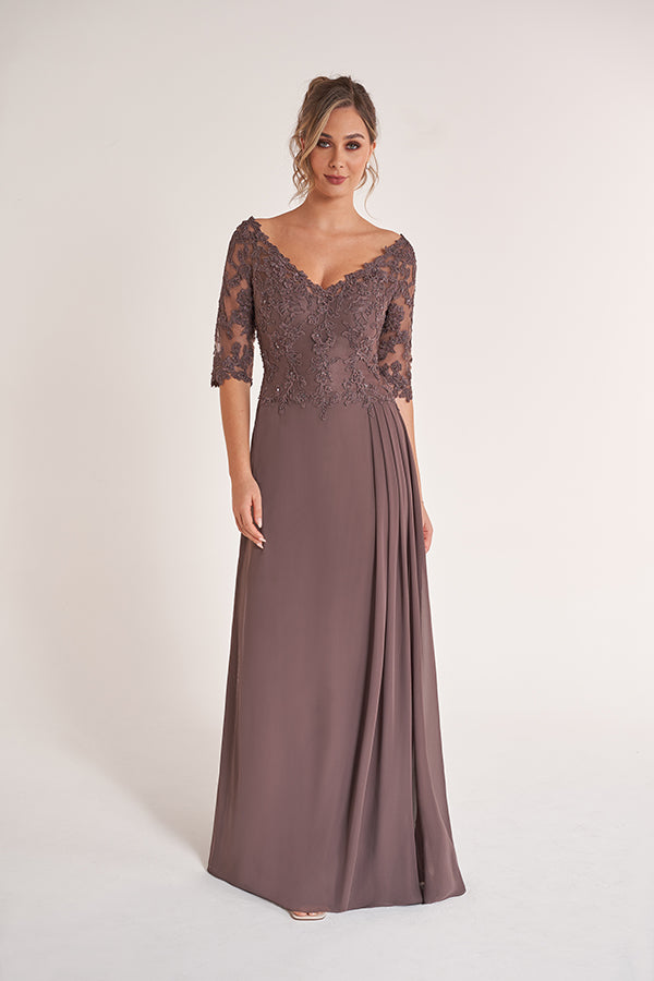 K278064 Elegant Lace and Chiffon A-Line Gown with Portrait Neckline and Three-Quarter Sleeves