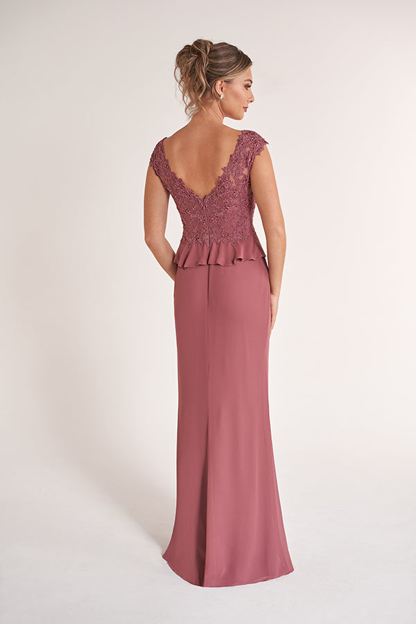 K278065 Lovely Embroidery Lace and Chiffon Gown with Boat Neckline and Ruffled Peplum