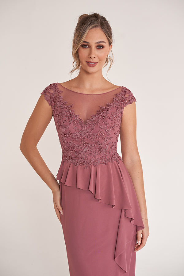 K278065 Lovely Embroidery Lace and Chiffon Gown with Boat Neckline and Ruffled Peplum