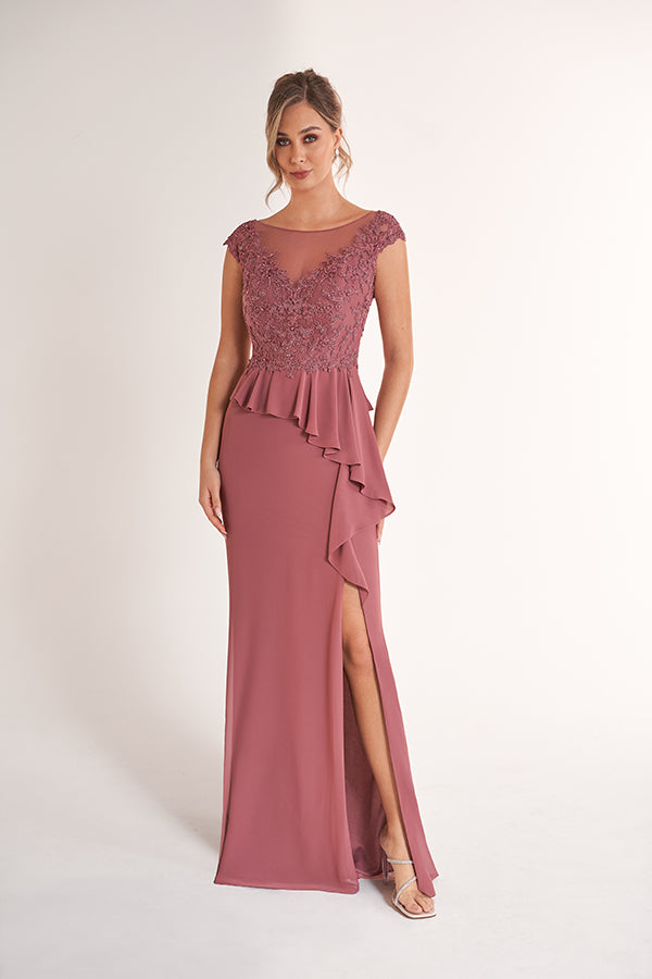 K278065 Lovely Embroidery Lace and Chiffon Gown with Boat Neckline and Ruffled Peplum