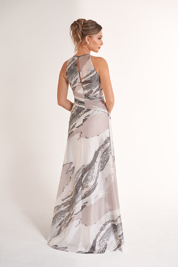 K278067 Stunning Frederica Jacquard A-Line Gown with Jewel Neckline and Angled Gathers