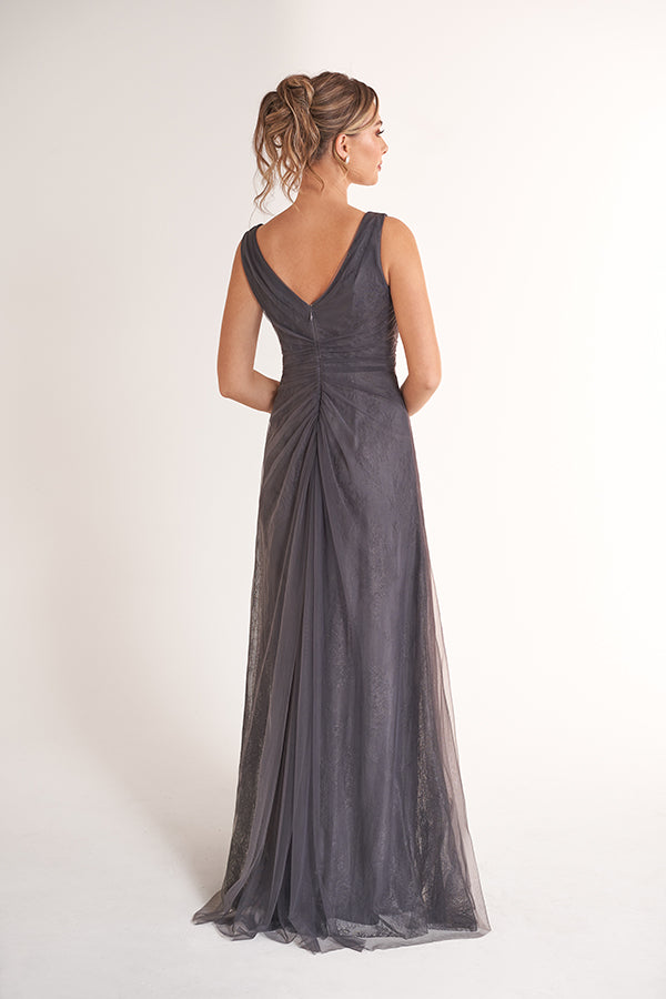 K278068 Dreamy Lace and Tulle A-Line Dress with V-Neckline and Hand Beaded Appliqued Waistline