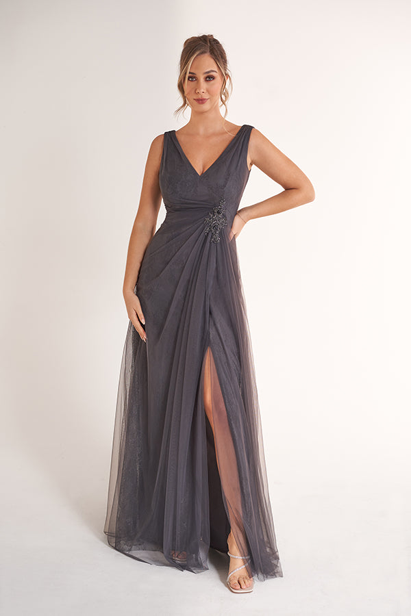 K278068 Dreamy Lace and Tulle A-Line Dress with V-Neckline and Hand Beaded Appliqued Waistline
