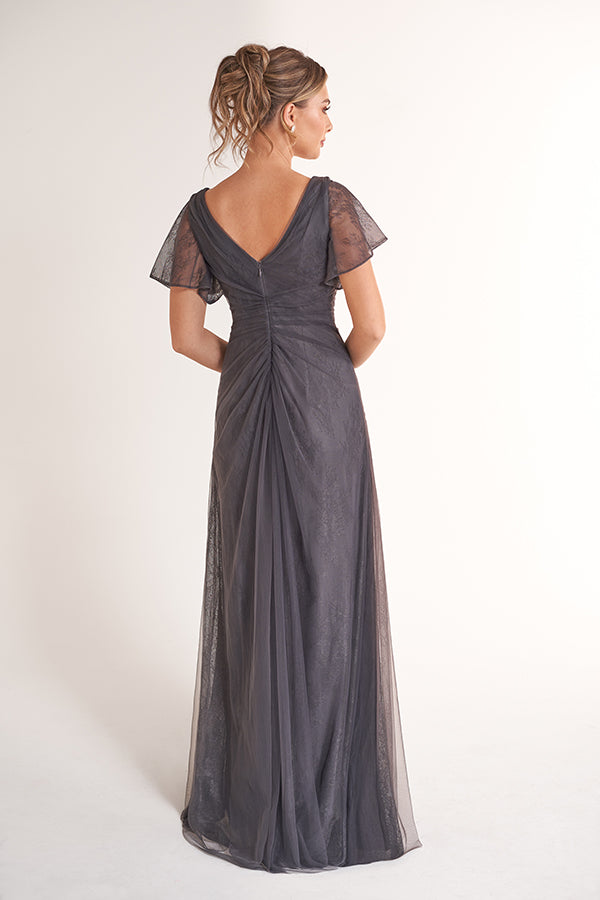 K278068 Dreamy Lace and Tulle A-Line Dress with V-Neckline and Hand Beaded Appliqued Waistline