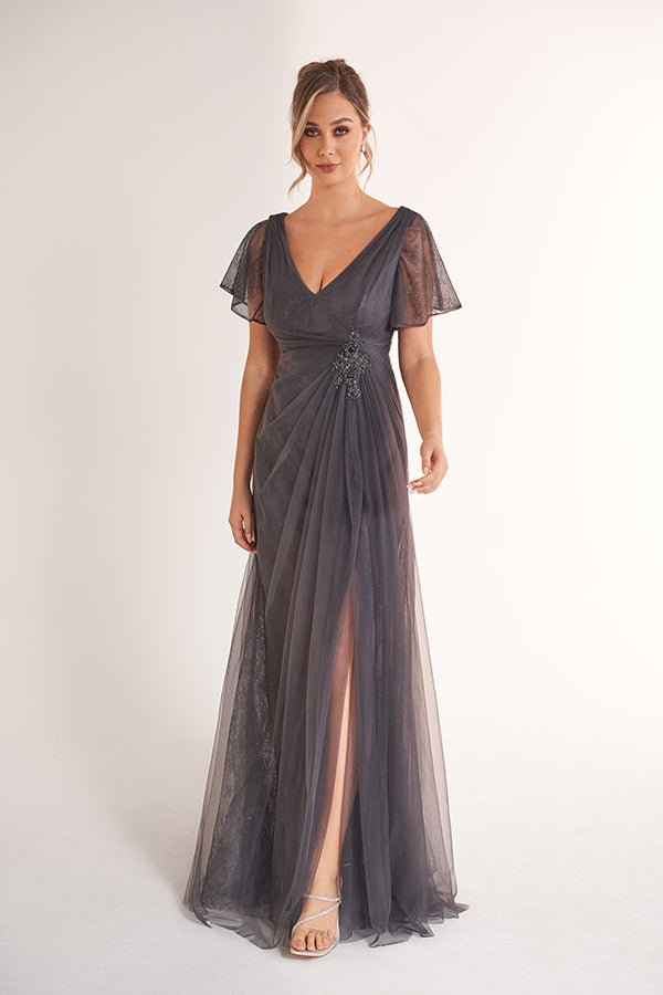 K278068 Dreamy Lace and Tulle A-Line Dress with V-Neckline and Hand Beaded Appliqued Waistline