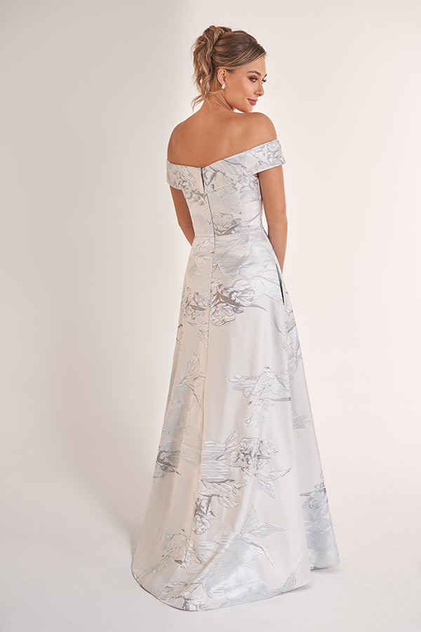 K278069 Chic Gill Jacquard A-Line Dress with Floral Portrait Collar an Pockets